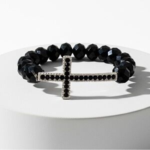 Black Crystal Beaded Cross Bracelet Rhinestone Stretch Gothic Stackable Bracelet